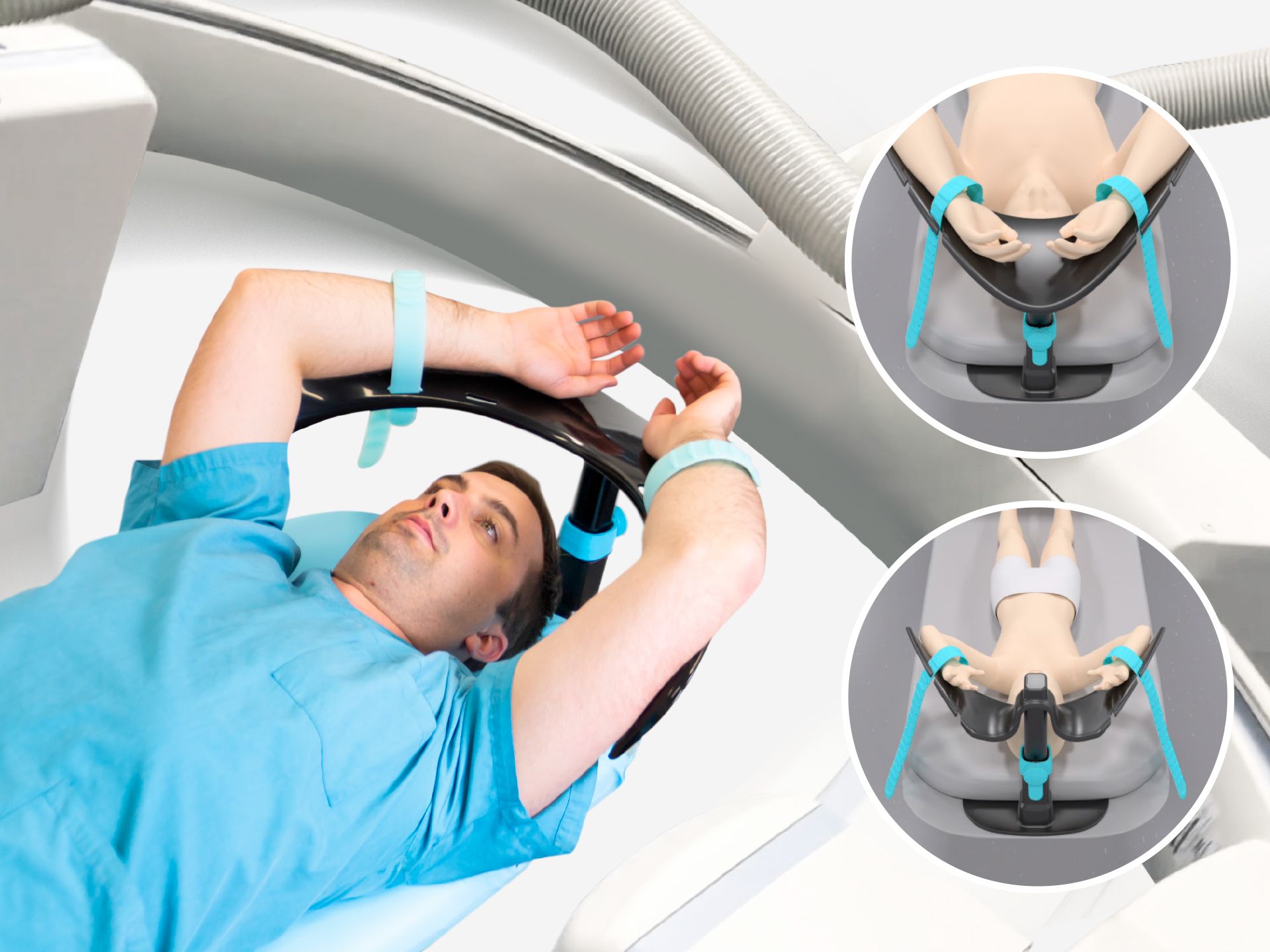 Patient on a medical table with arms secured in a medical restraint system; insets show hands-folded and arms-spread positions.