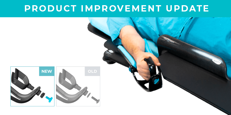 Product Improvement Update showing a person's hand on a medical device handle, comparing its new and old designs.