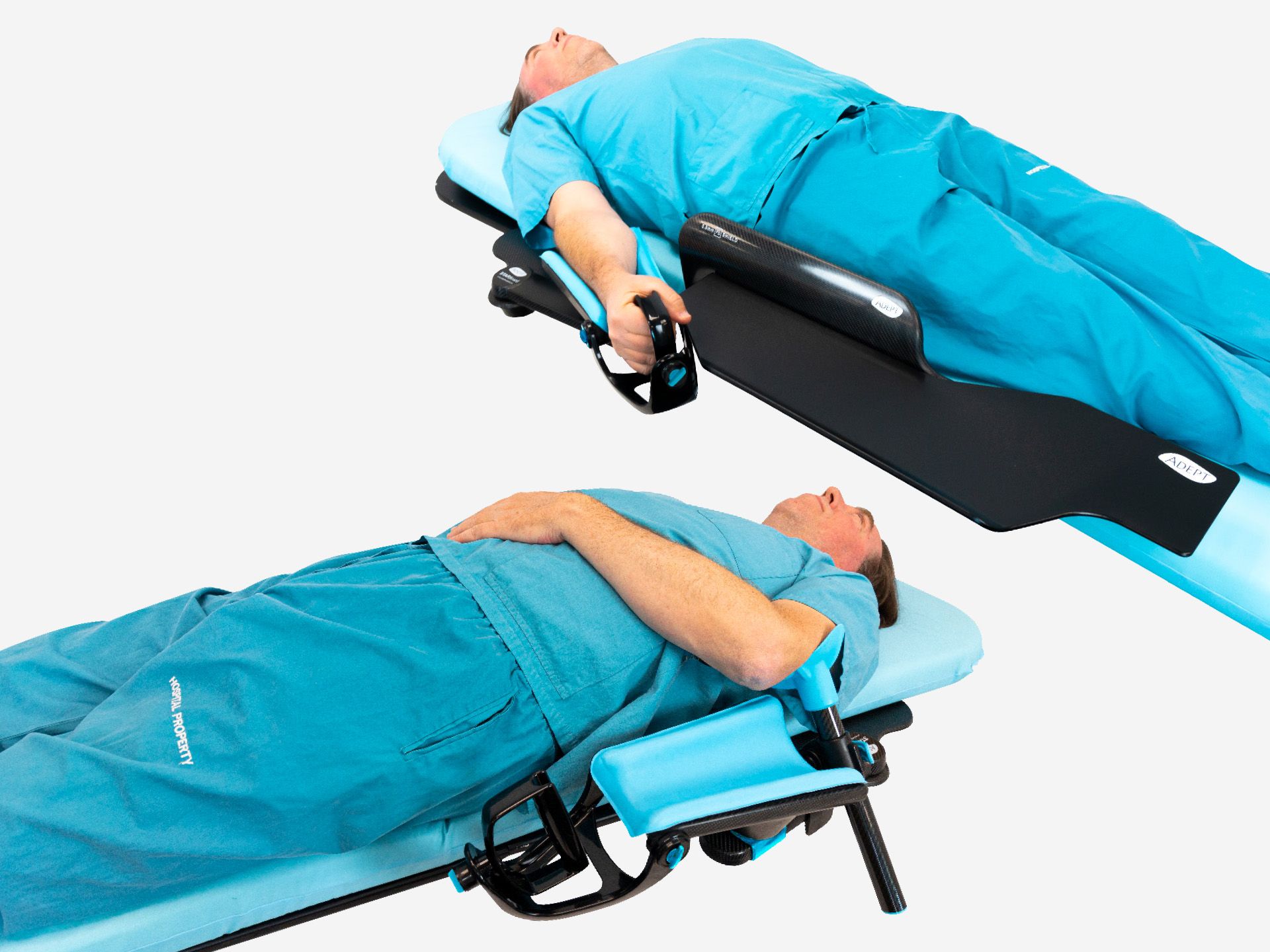 A man in scrubs on a medical table demonstrating two different arm positioning systems: one with an elevated arm support and handgrip, another with an armrest.